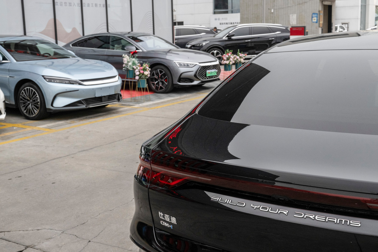 A BYD electric car at a car dealer in Shenzhen on January 29.  Photo by Jill Sabry/The New York Times
