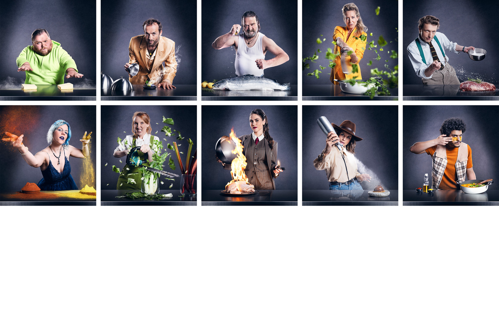 ‘Celebrity MasterChef Vlaanderen’ met William Boeva, Boris Devis, Wim Willaert, Cath Luyten,  Bent Van Looy,  Charlie De Wulf,  Linde Merckpoel,  Sarah Puttemans, Lynn Van den Broeck en Hakim Chatar.  Beeld DM