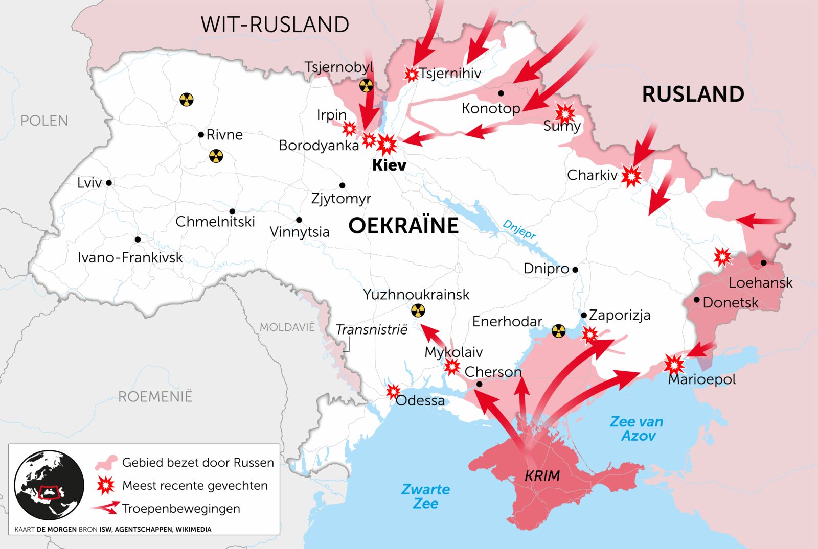 In kaart Rusland rukt steeds verder op richting Kiev en probeert hoofdstad te omsingelen