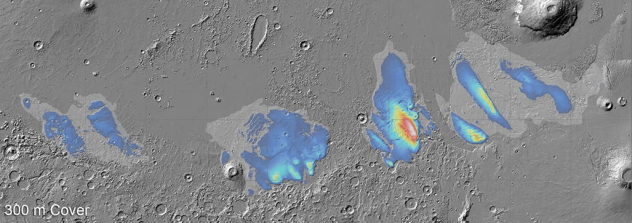 This map shows the potential thickness of ice found by scientists at the MFF's equator.  Image by European Space Agency